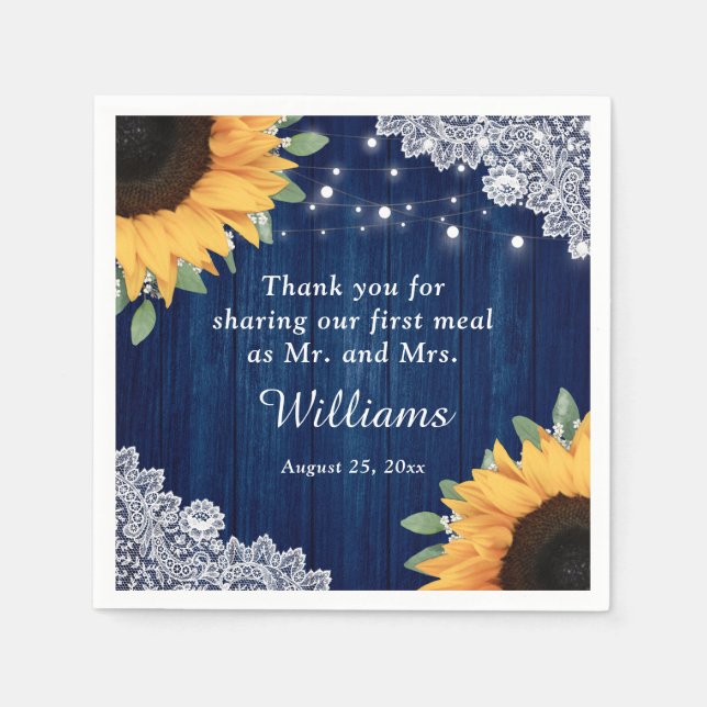 Serviette En Papier Mariage bleu marine en dentelle de bois rustique (Devant)