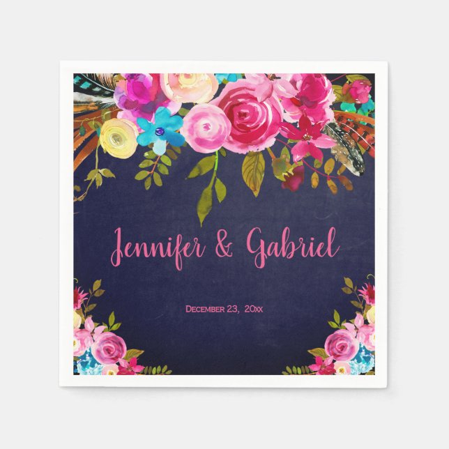 Serviette En Papier Mariage bleu marine rose printemps moderne (Devant)