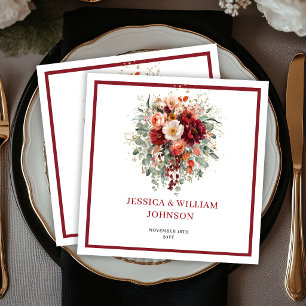 Serviette En Papier Mariage Bohème Bourguignon Automne Fleurs Verdure