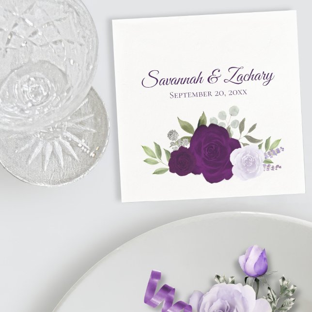 Serviette En Papier Mariage Bohème Chic Roses Aquarelle Violet Prune (Créateur téléchargé)