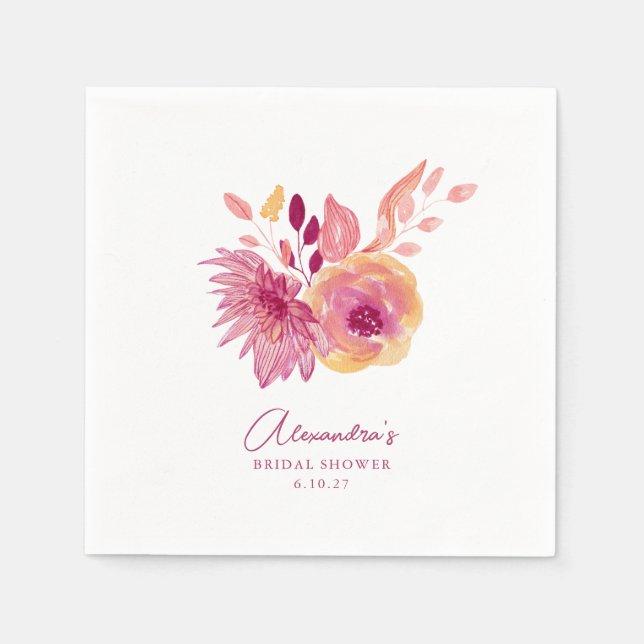 Serviette En Papier Mariage Bohème Fleurs Rouges Magenta Fête de Marié (Devant)