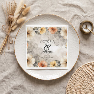 Serviette En Papier Mariage Bohème Floral Aquarelle Pêche Gris Fumé