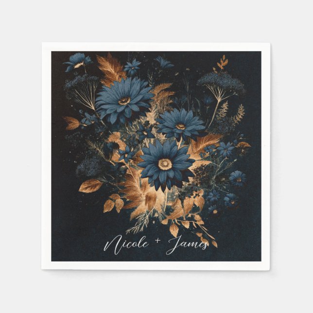 Serviette En Papier Mariage Bohème Glamour Sombre Bleu Nuit et Or Rust (Devant)