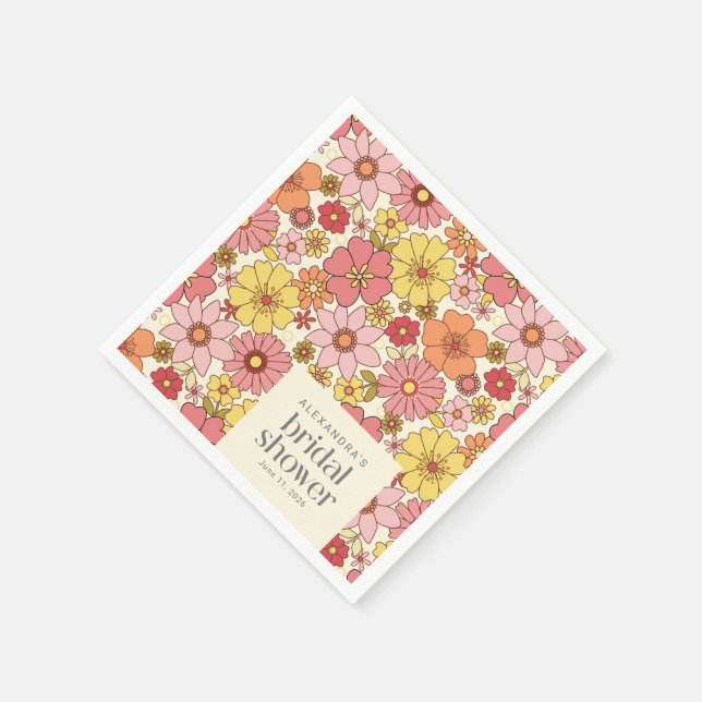 Serviette En Papier Mariage Bohème Rétro Fleurs Roses Jaunes Personnal (Coin)
