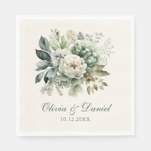 Serviette En Papier Mariage Bohème Vert Sauge et Fleurs d'Ivoire
