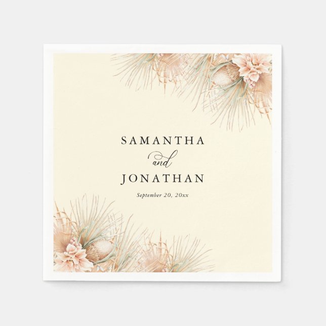 Serviette En Papier Mariage Boho aux fleurs blanches aux paumes séchée (Devant)