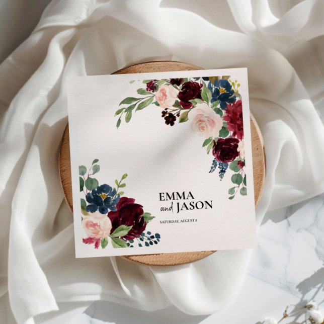 Serviette En Papier Mariage Boho Floral Bourgogne Blush (Créateur téléchargé)