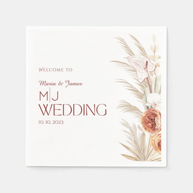 Serviette En Papier Mariage Boho Rustique Blanc Et Crème (Devant)