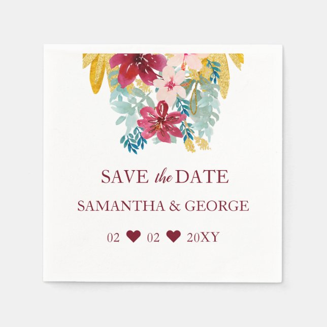 Serviette En Papier Mariage botanique de Bourgogne Marsala Gold Floral (Devant)