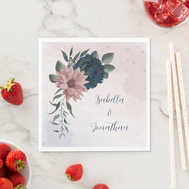 Serviette En Papier mariage botanique de fleurs rose et marine (En situation)
