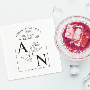 Serviette En Papier Mariage botanique floral noir et blanc