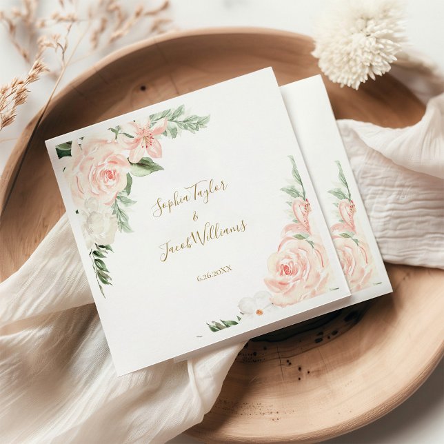 Serviette En Papier Mariage botanique floral rose et or (Créateur téléchargé)