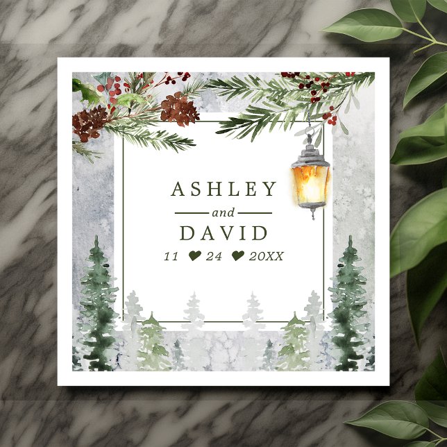 Serviette En Papier Mariage Botanique Lanterne Arbres Résineux Rustiqu (Créateur téléchargé)