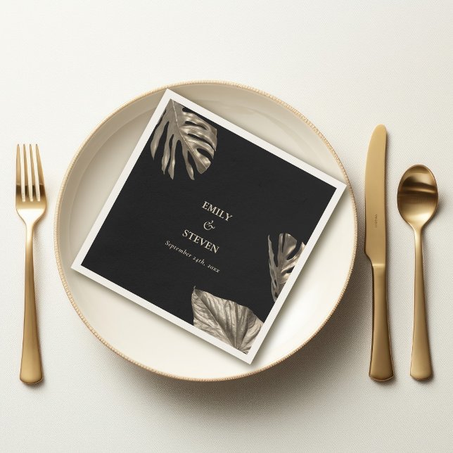 Serviette En Papier Mariage botanique moderne élégant noir et or (Créateur téléchargé)
