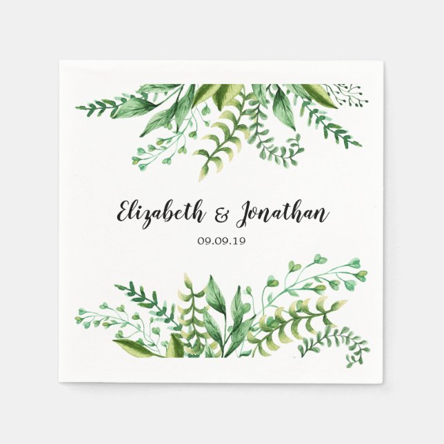 Serviette En Papier Mariage Botanique Vert Élégant (Devant)
