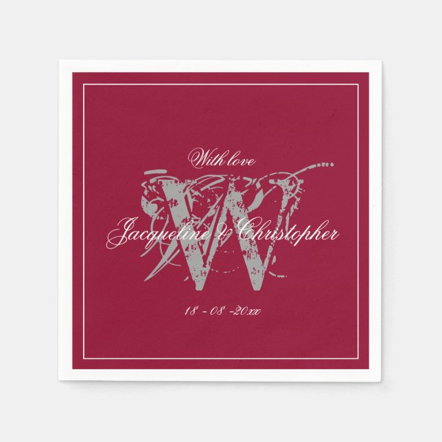 Serviette En Papier Mariage Bourgogne Élégant Monogramme Noms Chic (Devant)