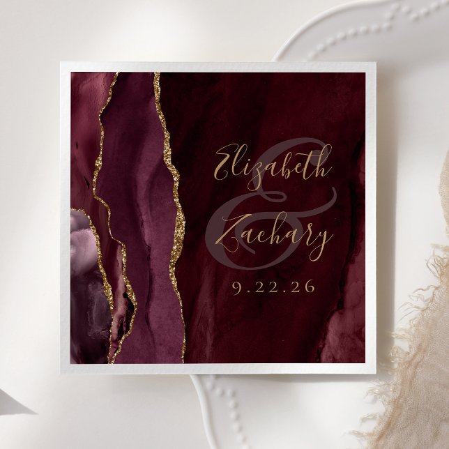 Serviette En Papier Mariage Bourgogne Or Script Géode Agate (Créateur téléchargé)