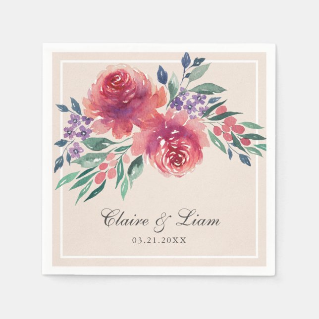 Serviette En Papier Mariage campagnard floral d'aquarelle romantique (Devant)