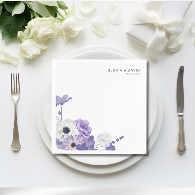 Serviette En Papier Mariage Carré élégant à fleurs violettes (Créateur téléchargé)