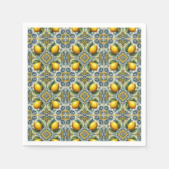 Serviette En Papier Mariage carrelage méditerranéen Capri jaune bleu c (Devant)