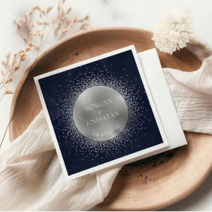 Serviette En Papier Mariage céleste de la lune d'argent de minuit bleu