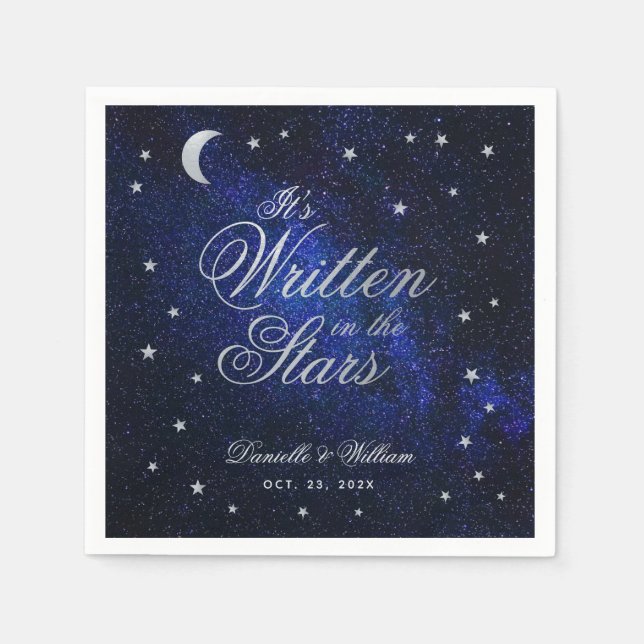 Serviette En Papier Mariage céleste écrit dans les étoiles & lune bleu (Devant)