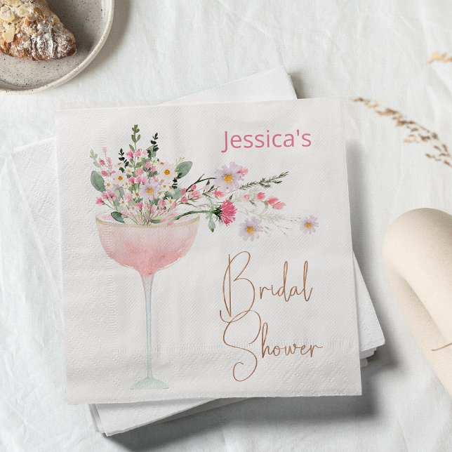 Serviette en papier Mariage Champêtre Fleurs des C (Modern Watercolor Champagne Glass Wildflowers Bridal Shower Paper Napkin, Bridal Shower Napkin)