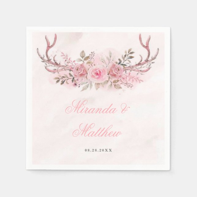 Serviette En Papier Mariage Chic Blush Rose Sage Floral Deer Antlers (Devant)