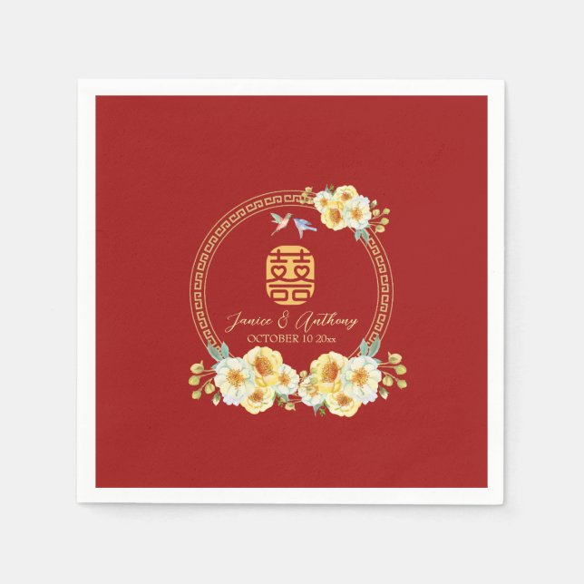 Serviette En Papier Mariage chinois de l'oiseau floral rouge (Devant)