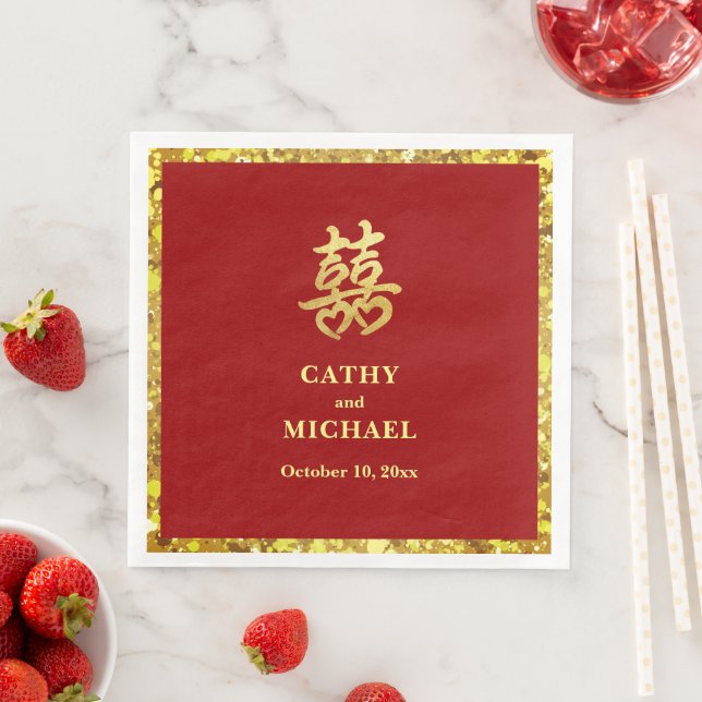 Serviette En Papier Mariage chinois double coeur bonheur formel rouge (En situation)