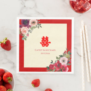 Serviette En Papier Mariage chinois rouge jardin fleuri double bonheur