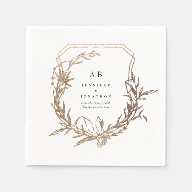 Serviette En Papier mariage classique blanc noir floraux or (Devant)