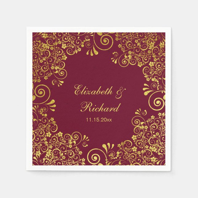 Serviette En Papier Mariage classique Burgundy Gold Floral (Devant)