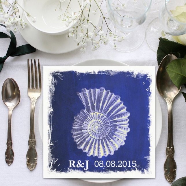Serviette En Papier mariage côtier chic marine bleu marine (chic navy blue nautical seashells coastal wedding napkins)