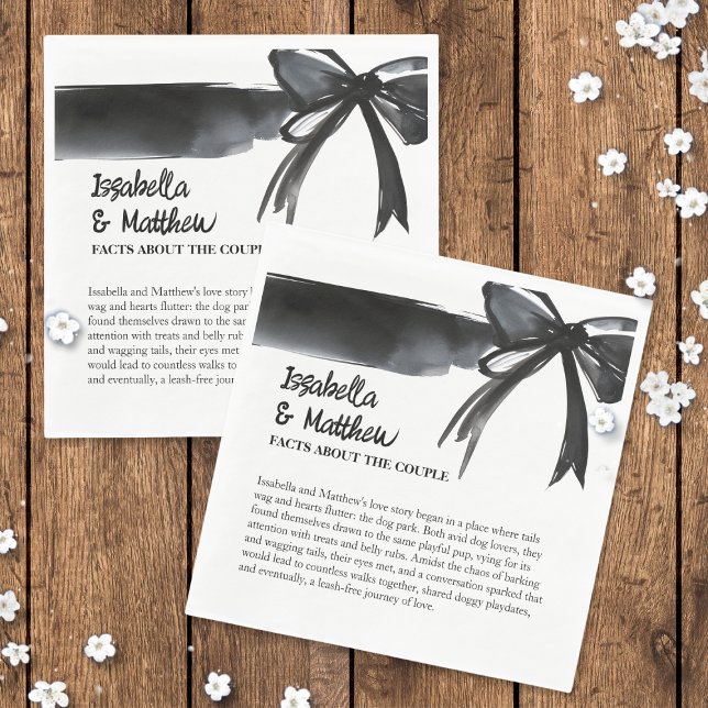Serviette En Papier Mariage Couple Faits tendance Bow noir et blanc ( Wedding Couple Facts Trendy  Watercolor Bow Black and White  Napkins with elegant simple poem text)