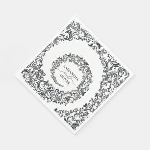 Serviette En Papier Mariage damassé noire et blanche