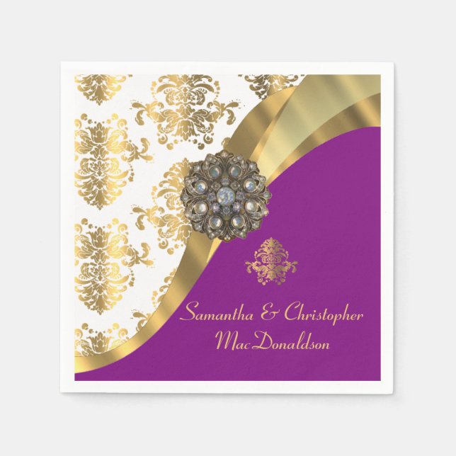 Serviette En Papier Mariage damassé traditionnelle blanche, violette e (Devant)