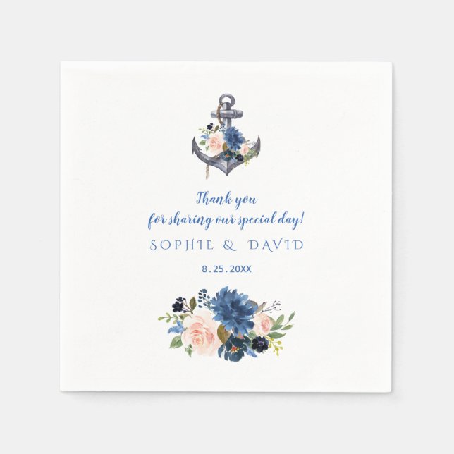 Serviette En Papier Mariage d'Ancre floral bleu rose marine (Devant)