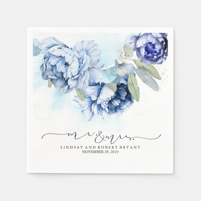 Serviette En Papier Mariage d'aquarelle bleu Floral (Devant)