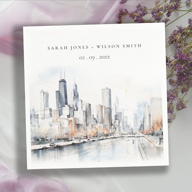 Serviette En Papier Mariage d'aquarelle de Chicago, Illinois City Scap (Créateur téléchargé)