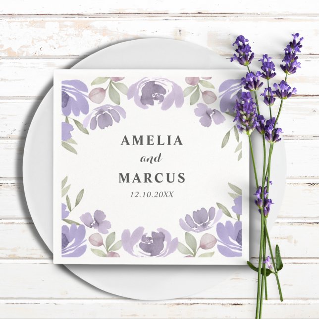 Serviette En Papier Mariage d'aquarelle de couleur violet rustique (Créateur téléchargé)