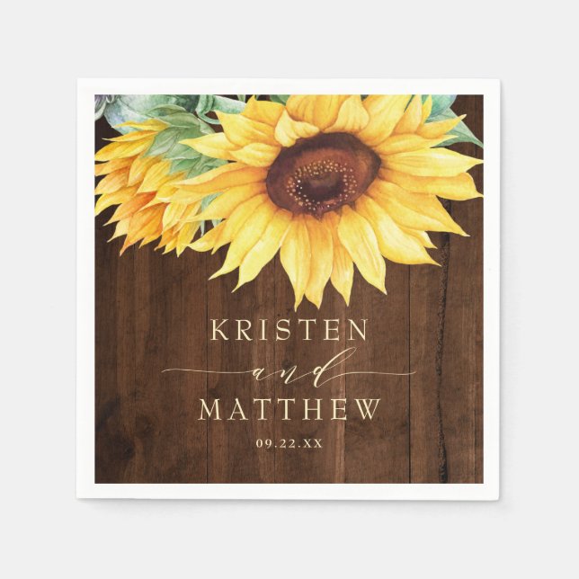 Serviette En Papier Mariage d'aquarelle de tournesol en bois rustique (Devant)