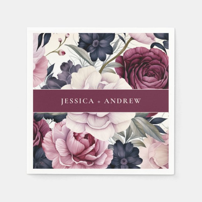 Serviette En Papier Mariage d'aquarelle florale de prune bordeaux (Devant)