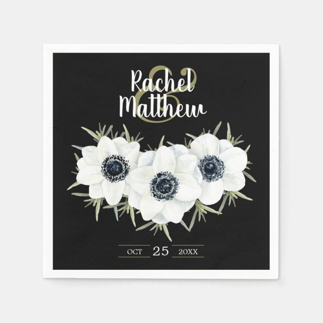 Serviette En Papier Mariage d'aquarelle noir et blanc Anemones (Devant)