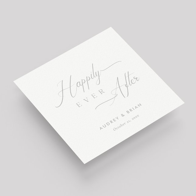 Serviette En Papier Mariage d'argent personnalisé 'Heureux toujours ap (Silver on White "Happily Ever After" Wedding Napkins)