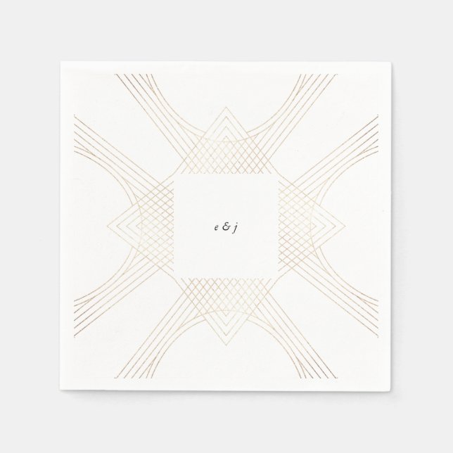 Serviette En Papier Mariage d'Art Déco Géométrique Ovale Blanc Or (Devant)