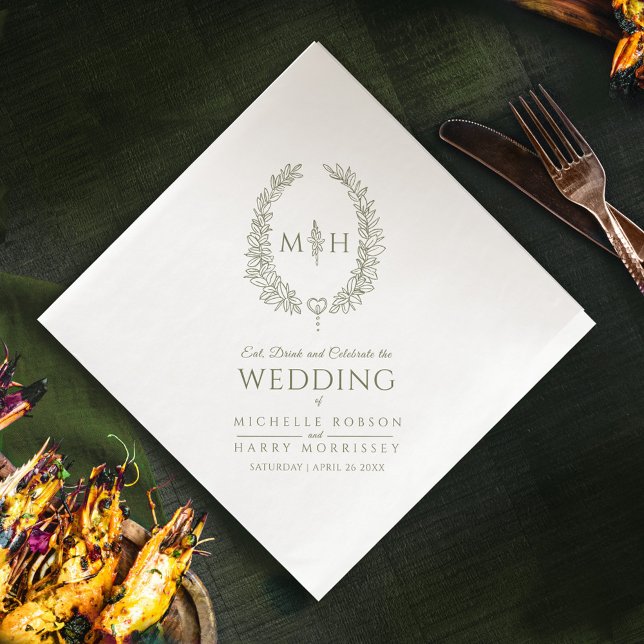 Serviette En Papier Mariage d'art monogramme de couronne ovale de feui (Créateur téléchargé)