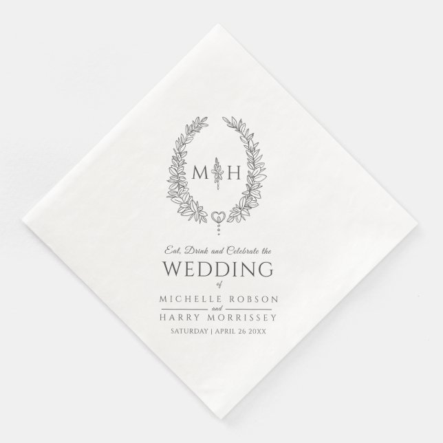 Serviette En Papier Mariage d'art monogramme de couronne ovale de feui (Coin)