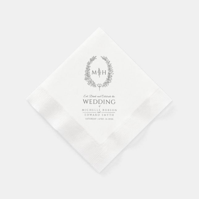 Serviette En Papier Mariage d'art monogramme de couronne ovale de feui (Coin)