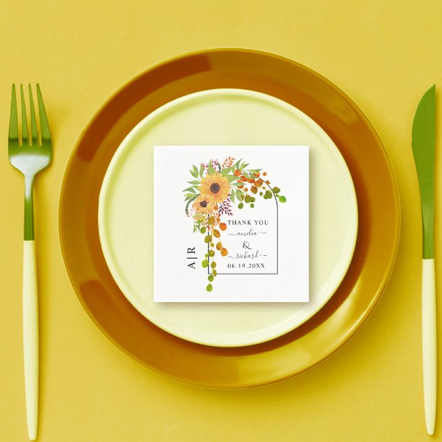 Serviette En Papier Mariage de automne de tournesol jaune, arc et init (Créateur téléchargé)